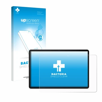 Parte frontal de un envase de producto con el logotipo de la marca upscreen. Al lado se muestra el dispositivo Huawei MatePad 