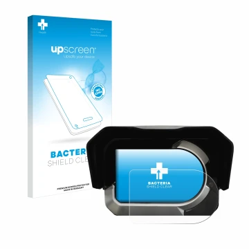 Parte frontal de un envase de producto con el logotipo de la marca upscreen. Al lado se muestra el dispositivo Kymco CV3 con s