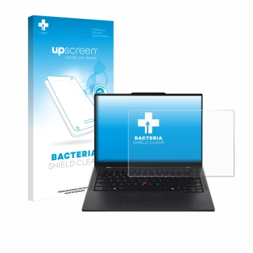 Parte frontal de un envase de producto con el logotipo de la marca upscreen. Al lado se muestra el dispositivo Lenovo ThinkPad