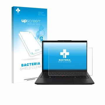 Parte frontal de un envase de producto con el logotipo de la marca upscreen. Al lado se muestra el dispositivo Lenovo ThinkPad