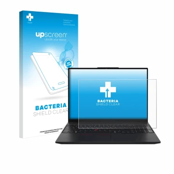 Parte frontal de un envase de producto con el logotipo de la marca upscreen. Al lado se muestra el dispositivo Lenovo ThinkPad
