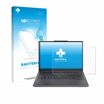 Parte frontal de un envase de producto con el logotipo de la marca upscreen. Al lado se muestra el dispositivo Lenovo ThinkPad