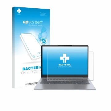 Parte frontal de un envase de producto con el logotipo de la marca upscreen. Al lado se muestra el dispositivo Lenovo ThinkBoo