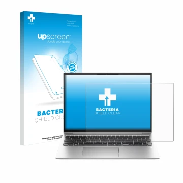 Parte frontal de un envase de producto con el logotipo de la marca upscreen. Al lado se muestra el dispositivo HP EliteBook 84