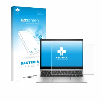 Parte frontal de un envase de producto con el logotipo de la marca upscreen. Al lado se muestra el dispositivo HP Elite x360 8