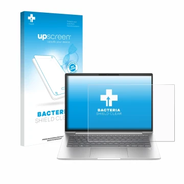 Parte frontal de un envase de producto con el logotipo de la marca upscreen. Al lado se muestra el dispositivo HP EliteBook 64