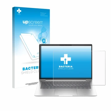 Parte frontal de un envase de producto con el logotipo de la marca upscreen. Al lado se muestra el dispositivo HP EliteBook 64