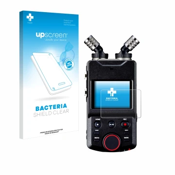 Parte frontal de un envase de producto con el logotipo de la marca upscreen. Al lado se muestra el dispositivo Tascam Portacap