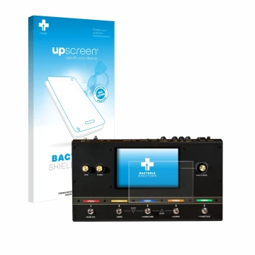 Parte frontal de un envase de producto con el logotipo de la marca upscreen. Al lado se muestra el dispositivo Headrush Core c