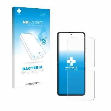 Parte frontal de un envase de producto con el logotipo de la marca upscreen. Al lado se muestra el dispositivo Blackview Hero 