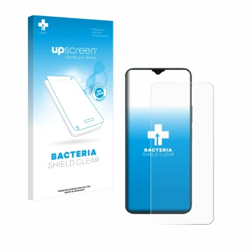 Parte frontal de un envase de producto con el logotipo de la marca upscreen. Al lado se muestra el dispositivo Honor X6b con s