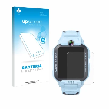 Parte frontal de un envase de producto con el logotipo de la marca upscreen. Al lado se muestra el dispositivo Imoo Watch Phon