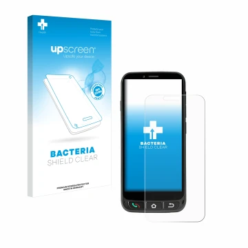 Parte frontal de un envase de producto con el logotipo de la marca upscreen. Al lado se muestra el dispositivo SPC Zeus 4G Pro