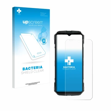 Parte frontal de un envase de producto con el logotipo de la marca upscreen. Al lado se muestra el dispositivo Doogee S118 con