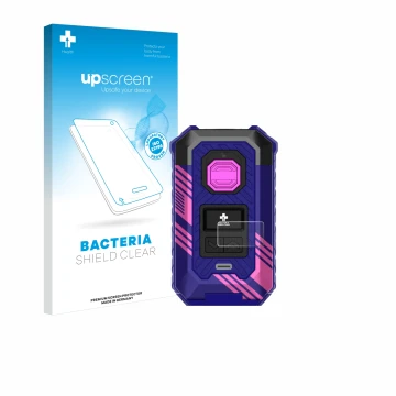 Parte frontal de un envase de producto con el logotipo de la marca upscreen. Al lado se muestra el dispositivo Vaporesso Armou