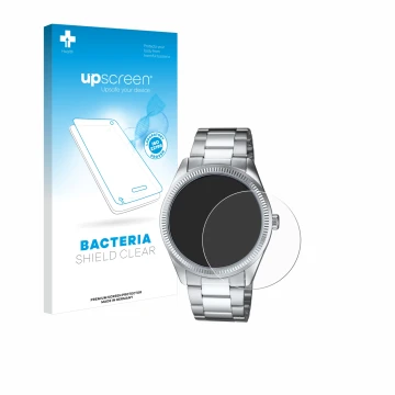 Parte frontal de un envase de producto con el logotipo de la marca upscreen. Al lado se muestra el dispositivo Casio MTP-1302P