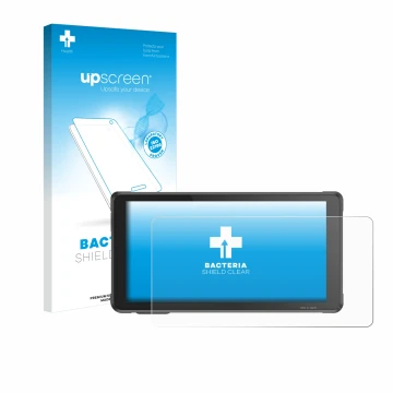 Parte frontal de un envase de producto con el logotipo de la marca upscreen. Al lado se muestra el dispositivo Interphone Ride