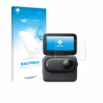 Parte frontal de un envase de producto con el logotipo de la marca upscreen. Al lado se muestra el dispositivo Insta360 Go 3S 