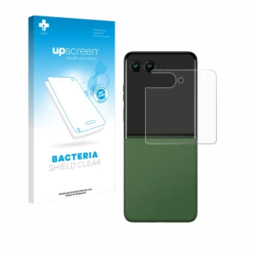 Parte frontal de un envase de producto con el logotipo de la marca upscreen. Al lado se muestra el dispositivo Motorola Razr 5