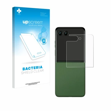 Parte frontal de un envase de producto con el logotipo de la marca upscreen. Al lado se muestra el dispositivo Motorola Razr 5