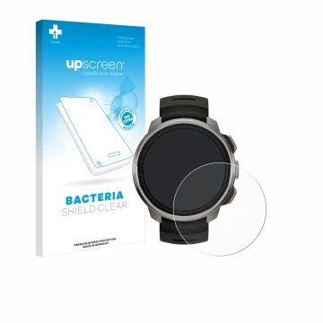 Parte frontal de un envase de producto con el logotipo de la marca upscreen. Al lado se muestra el dispositivo Suunto Ocean co