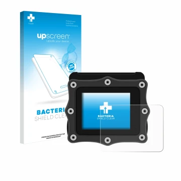 Parte frontal de un envase de producto con el logotipo de la marca upscreen. Al lado se muestra el dispositivo Shearwater Perd