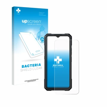 Parte frontal de un envase de producto con el logotipo de la marca upscreen. Al lado se muestra el dispositivo Cubot King Kong