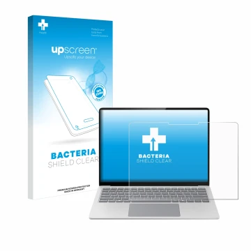 Parte frontal de un envase de producto con el logotipo de la marca upscreen. Al lado se muestra el dispositivo Microsoft Surfa