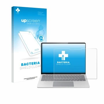 Parte frontal de un envase de producto con el logotipo de la marca upscreen. Al lado se muestra el dispositivo Microsoft Surfa