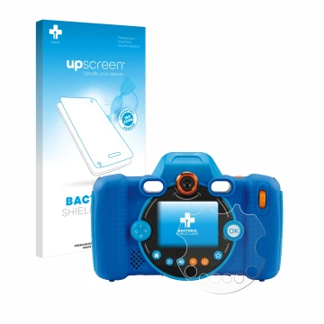 Parte frontal de un envase de producto con el logotipo de la marca upscreen. Al lado se muestra el dispositivo Vtech Kidizoom 