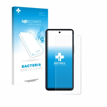 Parte frontal de un envase de producto con el logotipo de la marca upscreen. Al lado se muestra el dispositivo Telekom T Phone