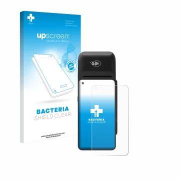 Parte frontal de un envase de producto con el logotipo de la marca upscreen. Al lado se muestra el dispositivo Verifone T650c 