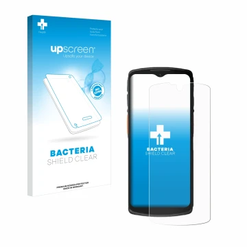 Parte frontal de un envase de producto con el logotipo de la marca upscreen. Al lado se muestra el dispositivo Urovo DT66 con 