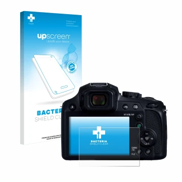 Parte frontal de un envase de producto con el logotipo de la marca upscreen. Al lado se muestra el dispositivo Panasonic Lumix