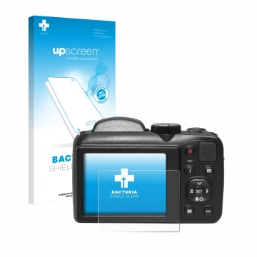 Parte frontal de un envase de producto con el logotipo de la marca upscreen. Al lado se muestra el dispositivo Kodak Pixpro AZ