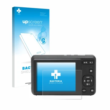 Parte frontal de un envase de producto con el logotipo de la marca upscreen. Al lado se muestra el dispositivo Kodak Pixpro FZ