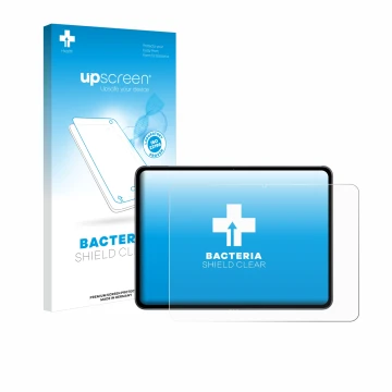 Parte frontal de un envase de producto con el logotipo de la marca upscreen. Al lado se muestra el dispositivo OnePlus Pad 2 c