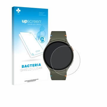 Parte frontal de un envase de producto con el logotipo de la marca upscreen. Al lado se muestra el dispositivo Samsung Galaxy 