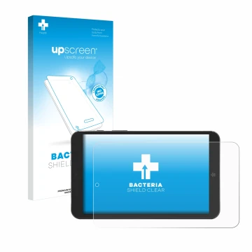 Parte frontal de un envase de producto con el logotipo de la marca upscreen. Al lado se muestra el dispositivo Mediacom SmartP