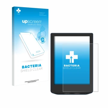 Parte frontal de un envase de producto con el logotipo de la marca upscreen. Al lado se muestra el dispositivo PocketBook Vers