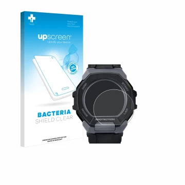 Parte frontal de un envase de producto con el logotipo de la marca upscreen. Al lado se muestra el dispositivo Casio G-Shock G
