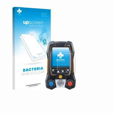 Parte frontal de un envase de producto con el logotipo de la marca upscreen. Al lado se muestra el dispositivo Testo 550s con 