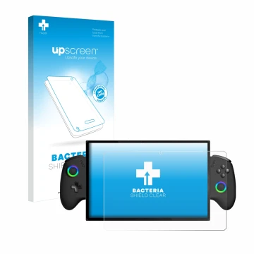 Parte frontal de un envase de producto con el logotipo de la marca upscreen. Al lado se muestra el dispositivo OneXPlayer X1 c