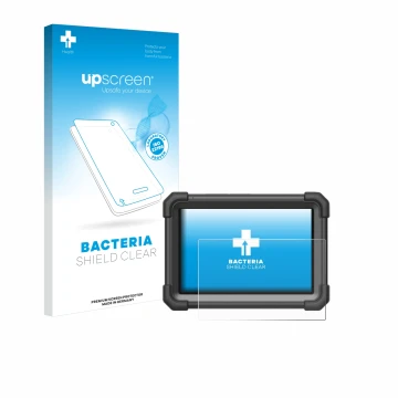 Parte frontal de un envase de producto con el logotipo de la marca upscreen. Al lado se muestra el dispositivo Launch X-431 Pr