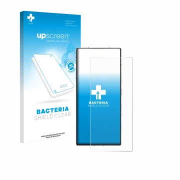 Parte frontal de un envase de producto con el logotipo de la marca upscreen. Al lado se muestra el dispositivo ZTE Nubia Z60 U