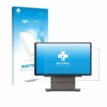 Parte frontal de un envase de producto con el logotipo de la marca upscreen. Al lado se muestra el dispositivo Sunmi D3 PRO co