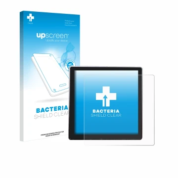Parte frontal de un envase de producto con el logotipo de la marca upscreen. Al lado se muestra el dispositivo Shelly Wall Dis