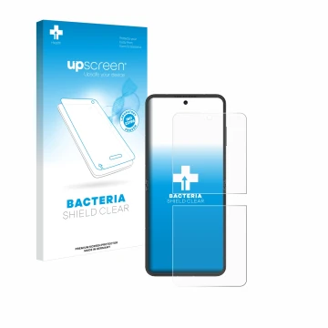 Parte frontal de un envase de producto con el logotipo de la marca upscreen. Al lado se muestra el dispositivo Nubia Flip 5G c