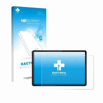 Parte frontal de un envase de producto con el logotipo de la marca upscreen. Al lado se muestra el dispositivo Lenovo Tab K11 