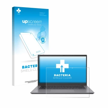 Parte frontal de un envase de producto con el logotipo de la marca upscreen. Al lado se muestra el dispositivo ASUS Chromebook